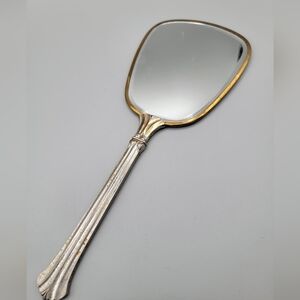 Elegant Vintage Hand Mirror - Ornate Silver-Tone Handle & Gold-Tone Trim - Pink